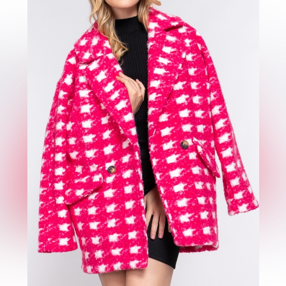 DOUBLE BREASTED CHECK PRINT BOUCLE FLEECE COAT